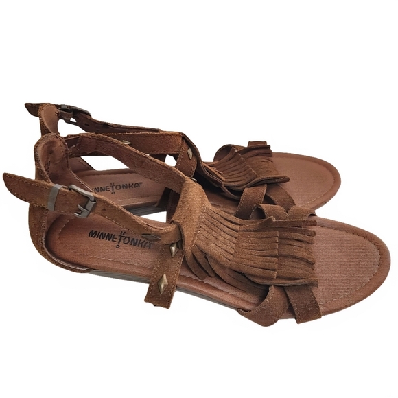 MinneTonka Brown Suede Fringe Studded Sandals Size 10 - Picture 2 of 8